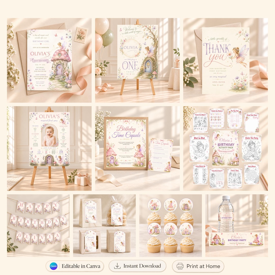 Fairy First Birthday Bundle | Decorations | Editable Canva Templates
