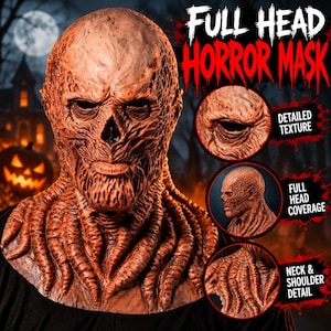 May include: A full head horror mask with a textured, reddish-brown surface, deep eye sockets, and a nose cavity. The mask features tentacle-like details extending down the neck and shoulders. Text on the image reads: FULL HEAD HORROR MASK, DETAILED TEXTURE, FULL HEAD COVERAGE, NECK & SHOULDER DETAIL.