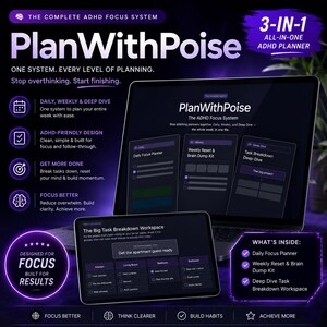 Può includere: Un sistema digitale di concentrazione per ADHD intitolato PlanWithPoise visualizzato su uno schermo di laptop e tablet. L'interfaccia include un pianificatore giornaliero, un kit di ripristino settimanale e un'area di lavoro per le attività.