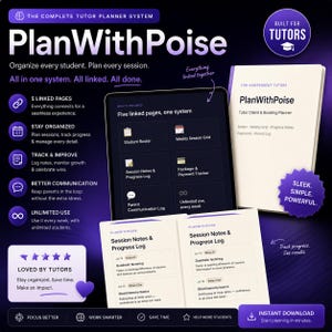 May include: A digital and physical tutor planner system titled PlanWithPoise. It features a tablet displaying five linked pages, a physical notebook, and printed session notes. The design uses a dark purple gradient background with white text.