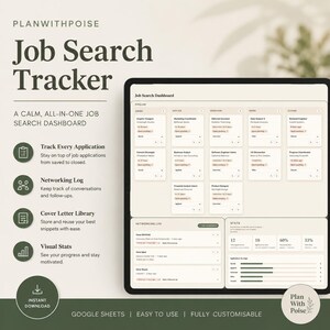 May include: A digital job search tracker dashboard displayed on a tablet screen. The interface features a pipeline with columns for saved, applied, interview, offer, and closed jobs, a networking log, and visual statistics for application progress.