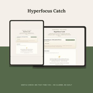 May include: Two digital tablets displaying the Hyperfocus Catch interface. The screen shows a session tracker for reorganizing a playlist library, a session history section with a compass icon, and text headers including Planwithpoise and Focus Support.