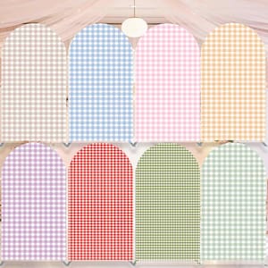 May include: A set of eight arched backdrop covers featuring a classic gingham check pattern in various colors including beige, light blue, pink, yellow, purple, red, olive green, and sage green, designed for event display stands.