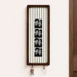Personalized Couples Photo Strip Key Holder, Entryway Wooden Wall Frame with Striped Fabric Backing