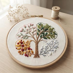 Four Season Tree Embroidery Kit, Custom Pattern Available, 6/8 Inch Beech Hoop Option, Preprinted Seasonal Floral Branch Embroidery Cloth