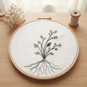 Könnte beinhalten: Ein runder Stickrahmen aus Holz mit weißem Stoff, der ein handgesticktes Pflanzenmotiv zeigt. Die Stickerei besteht aus grünen Stängeln und Blättern mit kleinen rosa Knospen, die in sichtbare Wurzeln in Grün- und Rosatönen übergehen.