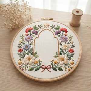 Könnte beinhalten: Ein runder Stickrahmen aus Holz mit weißem Stoff und einem handgestickten Blumenkranz. Das Design zeigt bunte Blumen in Rot-, Lila- und Gelbtönen, die einen zentralen, bogenförmigen Rahmen umgeben, der an der Basis mit einer kleinen roten Schleife verziert ist.