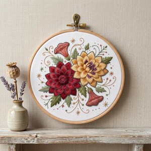 DIY Floral Embroidery Kit for Beginners, Red and Gold Dahlia Hand Embroidery Pattern, Botanical Craft Kit with 6/8 Inch Hoop, Modern Flower