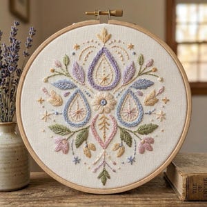 Floral Embroidery Kit, Pastel Botanical Mandala Hand Embroidery Craft Kit, Modern Folk Needlepoint Art Project for Beginners & Adults