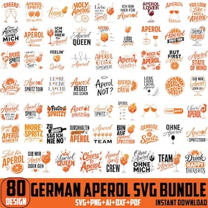 Könnte beinhalten: Eine Sammlung von 80 digitalen Grafikdesigns mit orangefarbener und schwarzer Typografie sowie Illustrationen rund um Aperol Spritz Cocktails, darunter Phrasen wie Aperol Queen, Aperol Spritz Tour und Cheers to Aperol, in einem Raster.