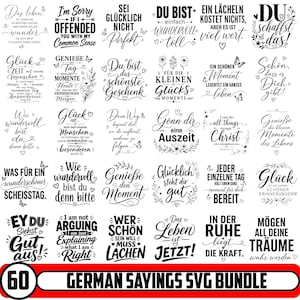Op de afbeelding: Een digitale collectie van 60 zwart-wit grafische ontwerpen met diverse Duitse zinnen, motiverende citaten en decoratieve elementen zoals vlinders en bloemen, gepresenteerd in een rasterindeling met de tekst 60 GERMAN SAYINGS SVG BUNDLE.