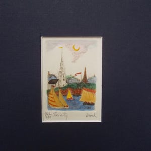 May include: A watercolor painting of a church with a tall steeple and a crescent moon in the sky. There are three sailboats in the water in front of the church. The painting is signed "Beach" and numbered "345/450 Trinity".