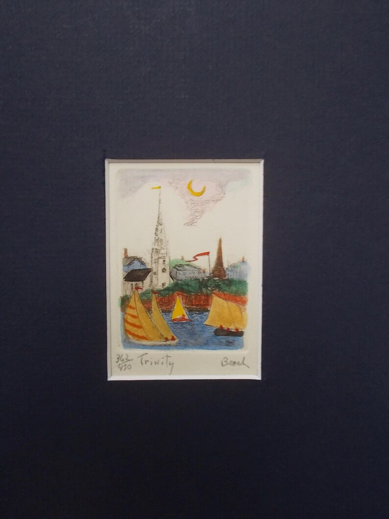 May include: A watercolor painting of a church with a tall steeple and a crescent moon in the sky. There are three sailboats in the water in front of the church. The painting is signed "Beach" and numbered "345/450 Trinity".