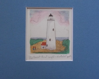 Great Point Lighthouse, Nantucket Island, Hand-Colored Etching