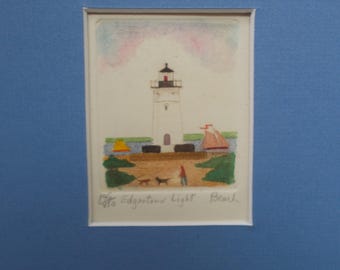 Edgartown Lighthouse, Martha's Vineyard, Massachusetts, is an original hand colored etching by Parks Beach.