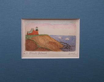 Southeast Lighthouse, Block Island, Rhode Island. Original etching by Parks Beach