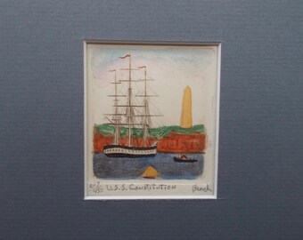 U.S.S. Constitution, Bunker Hill Memorial, Charlestown, Massachusetts. Original hand colored etching by Parks Beach.