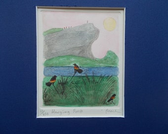 Hanging Rock or Bishop Berkeley's Rock, Middletown, Rhode Island. Original etching by Parks Beach.