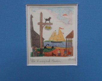 Black Dog Tavern Etching, Martha's Vineyard Art, Hand-Colored Seascape