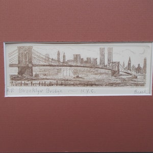 The Brooklyn Bridge with New York City is an etching by marine artist, Parks Beach.