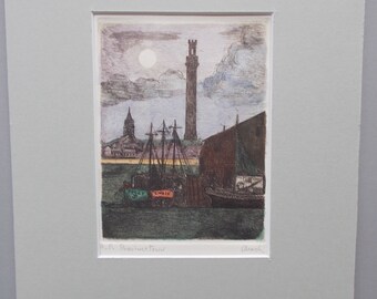 Provincetown Harbor, Cape Cod,  Massachusetts. Original hand colored etching by Parks Beach