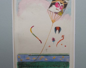 Brenton Point Rhode Island Kite Etching, Hand Colored Coastal Art
