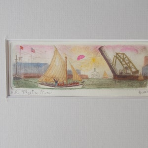 Mystic Seaport whaleboat on the Mystic River with the Mystic River Bascule Bridge is an original etching by marine artist, Parks Beach.