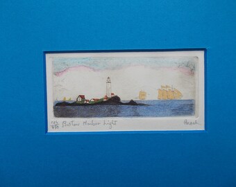 Boston Harbor Lighthouse, Boston, Massachusetts. Original hand colored etching by Parks Beach