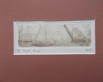Mystic Seaport Whaleboat Etching, Mystic River Bascule Bridge Art Print