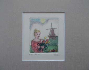 A woman holding some tulips, Leiden, Holland. Original hand colored etching by Parks Beach
