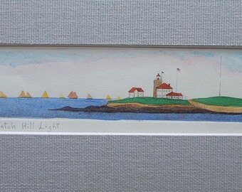 Watch Hill Lighthouse Etching, Rhode Island, Hand Colored Seascape