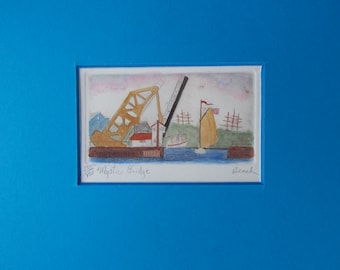 Mystic River Bascule Bridge Etching, Hand Colored New England Coastal Art