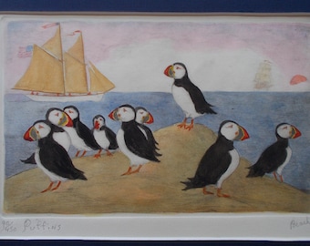 Puffins on Machias Seal Island, Maine. Original hand colored etching by Parks Beach
