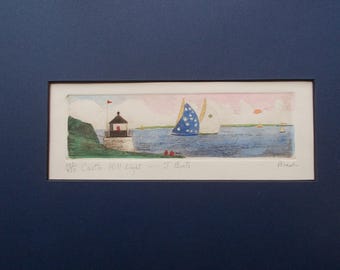 Castle Hill Lighthouse Etching, America's Cup J-Boats, Hand Colored Art