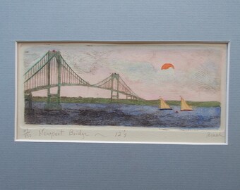 Newport Bridge Etching, Narragansett Bay Sailboats, Hand-Colored Art