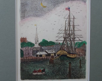 Frigate Rose Etching, Newport Rhode Island Coastal Scene, Signed Limited Edition