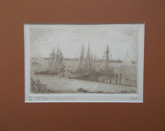 Tall Ships at Fort Adams, Newport, Rhode Island. Original etching by Parks Beach