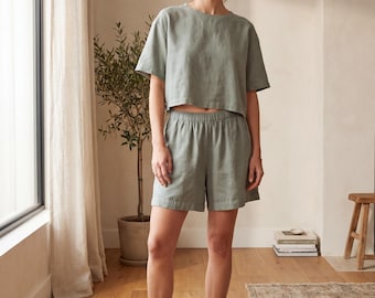 Naaipatroon loungeset, PDF-bijgesneden T-shirt en wijde shorts, linnen pull-on loungeset, maten XS-XXXL, Thuis afdrukken