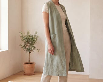 Vest Sewing Pattern, PDF Linen Duster Vest Pattern, Open Front Sleeveless Longline Waistcoat, Sizes XS-XXXL, Print at Home