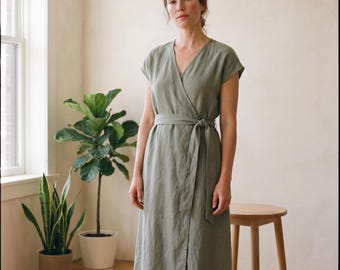 Wrap Dress Sewing Pattern, PDF Linen Wrap Dress Pattern, Surplice Midi Dress, Tie Waist, Grown-On Sleeves, Sizes XS-XXXL, Print at Home