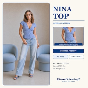 May include: A Nina Top sewing pattern featuring a blue and white gingham blouse with a scalloped V-neck and button front. The pattern includes sizes XS through XXXL, 1 cm seam allowance, and is provided as layered PDF files in A0, A4, and US Letter formats.