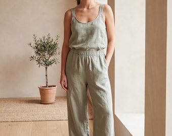 Patrón de costura para conjunto de salón, patrón en PDF de camisola de lino y pantalones de pierna ancha, conjunto de camisola y pantalón, tallas XS-XXXL, para imprimir en casa.