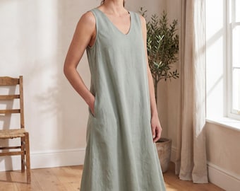 Schnittmuster für ein ärmelloses A-Linien-Leinenkleid (PDF), Midikleid mit V-Ausschnitt, Größen XS–XXXL, zum Selbstausdrucken