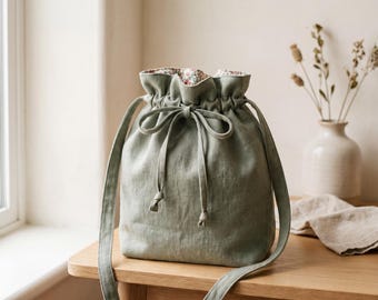 Patrón de costura para bolso tipo cubo, patrón en PDF para bolso tipo cubo con cordón, bolso bandolera de lino forrado, base redonda, 2 tamaños, para imprimir en casa.