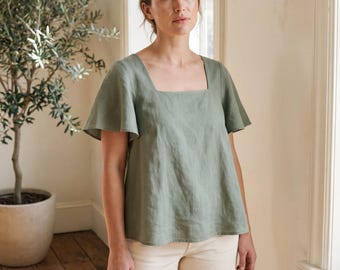Blouse Sewing Pattern, PDF Square Neck Flutter Sleeve Top Pattern, Pull On Linen Blouse, Sizes XS-XXXL, Print at Home