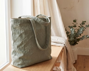 Tote Bag Sewing Pattern, PDF Lined Linen Tote Pattern, Boxed-Base Market Bag with Pocket, 2 Sizes, Print at Home Beginner Bag