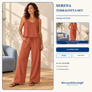 May include: A Serena terracotta sewing pattern set featuring a sleeveless tunic top and wide-leg drawcord trousers. The digital product includes 6 layered sizes from XS to XXL, 8 PDF files, and two illustrated guides in A0, A4, and US Letter formats.