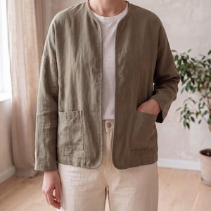 Cropped Jacket Sewing Pattern, PDF Drop-Shoulder Jacket Pattern, Open Front Linen Jacket with Pockets, XS-XXXL, Print at Home