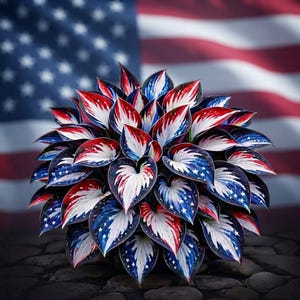 May include: A dense, rounded plant featuring heart-shaped leaves with a vibrant pattern of red, white, and blue. The foliage displays distinct white star motifs against deep blue sections and bold red stripes, creating a patriotic color scheme.