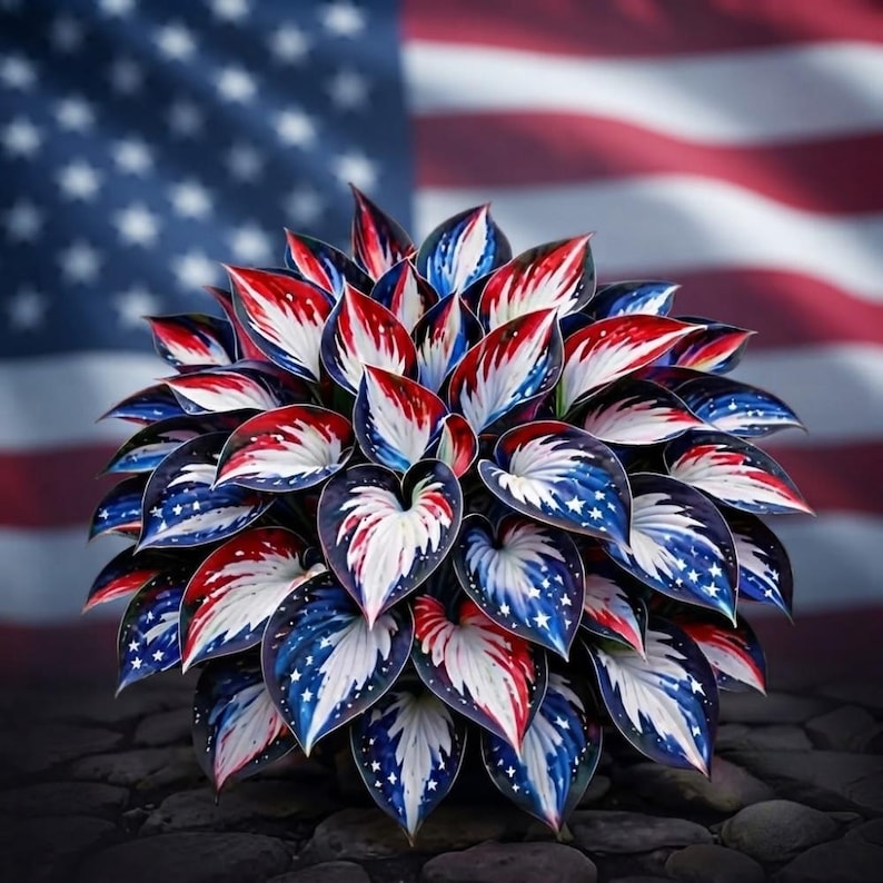 May include: A dense, rounded plant featuring heart-shaped leaves with a vibrant pattern of red, white, and blue. The foliage displays distinct white star motifs against deep blue sections and bold red stripes, creating a patriotic color scheme.